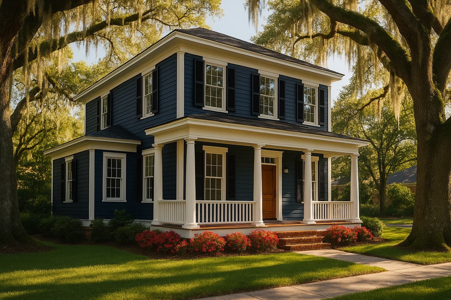 A freshly painted two-story home with white trim under live oaks